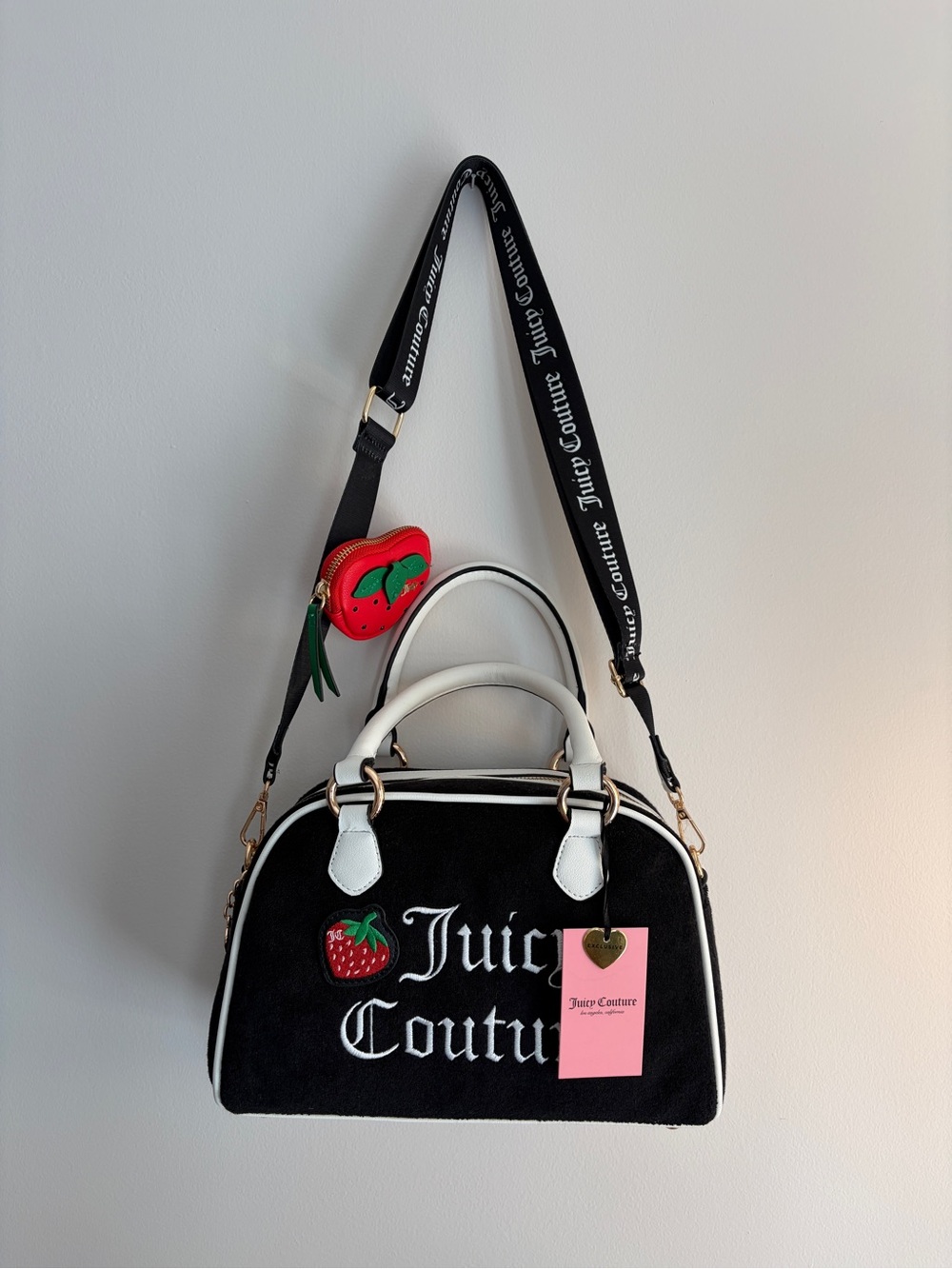 Juicy Couture Black & White Bowling bag Satchel w/ Strap & Red Strawberry Wallet